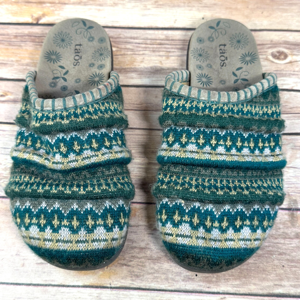 Taos Womens Wooly Green Nordic Fair Isle Slop On Mule Clog Comfort Shoes 8 - Picture 3 of 7